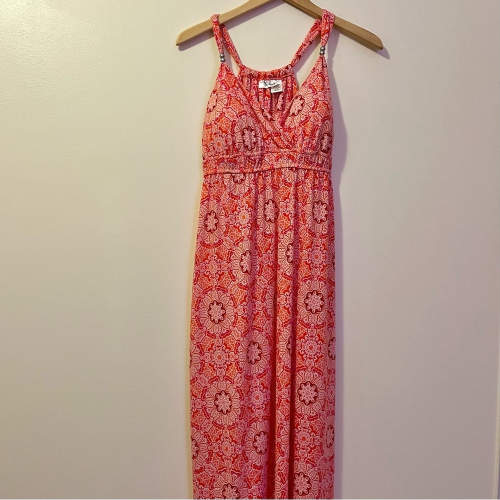 Allison Brittney Coral Pink Red Medallion Print Maxi Dress XL Sleeveless Boho